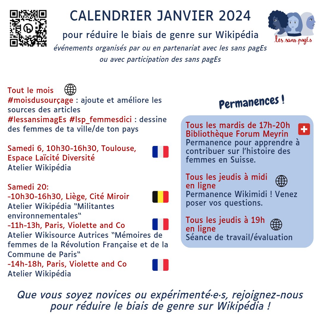 En janvier 2024, on vous propose des ateliers à Toulouse, Liège, Paris ou tout simplement en ligne pour réduire le #BiaisDeGenre sur <a href="/Wikipedia_fr/">Wikipédia en français</a> 💪

Objectifs : créer et améliorer des pages #wikipedia sur des femmes et des minorités de genre.

Rejoignez-nous !