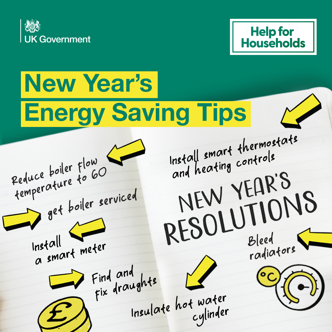 energygovuk's tweet photo. Make energy saving actions part of your New Year’s resolutions.📅 

Take action with just a few small changes around your home and you can make large savings on your energy bills.💸 

#ItAllAddsUp
https://t.co/jR1CbDvoqe https://t.co/p7AvuohPpj