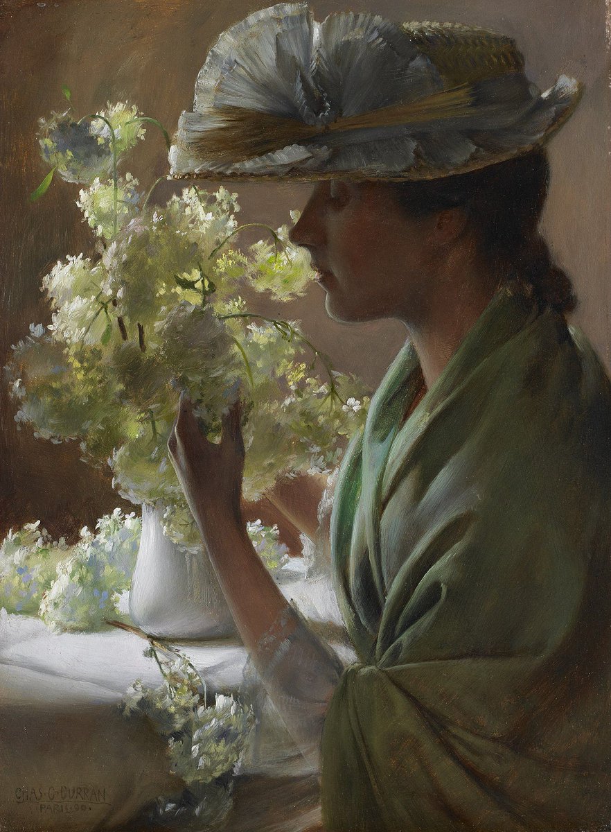 Lady with a Bouquet (1890) by Charles Courtney Curran (American artist, lived 1861–1942). Smell that lovely bouquet ... 😊