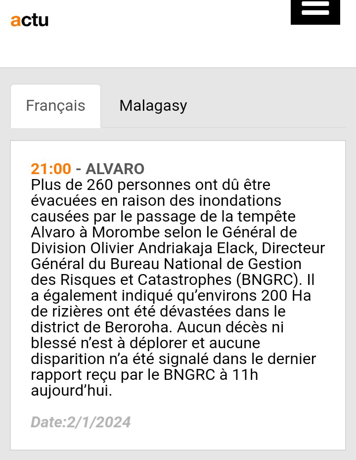 TyphoonTCX's tweet photo. Situational Report No. 1 on STS #Alvaro over #Madagascar 🇲🇬
Parts of #Morombe Dist. flooded due to Alvaro; some homes in #Androva, #Tsinjorano damaged; over 260 people evacuated. In #Beroroha Dist., over 200 ha. of ricefarms inundated. No casualties so far.
#tropics #wxtwitter https://t.co/tUGhKAHHwR