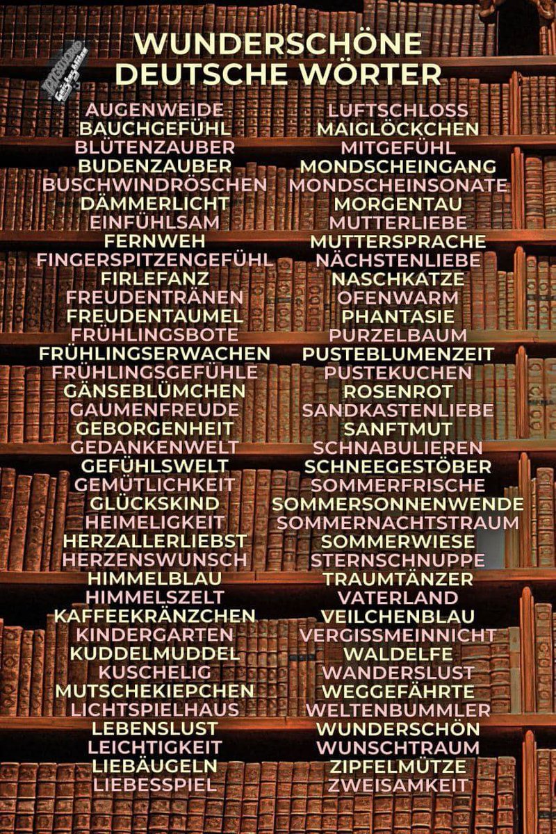 MathiasMarkert's tweet photo. Das ist mal was Schönes: Wunderschöne #deutsche Wörter:
Ganz spontan und assoziativ sind davon meine 3 Lieblingswörter:
#Augenweide
#Sommerfrische und
#Rosenrot.
Welche 3 Wörter sind Eure Favoriten? Vielleicht bekommen wir ein paar Trends heraus, wenn genug mitmachen... ich bin gespannt. Also mitmachen und teilen.
Ich wünsche uns dabei viel Freude und Spaß.
Hier noch ein paar Fundstücke:
...
WORTSCHATZ
LIEBESTAUMEL
SCHATZTRUHE
SAMTTATZE
ZAUBERFLÖTE
FREUDENTANZ
BLÜTENBAD
RUHEPOL
FRÜHLINGSERWACHEN
SOMMERREGEN
HERBSTFEST
WINTERZAUBER
KRISTALLKLAR
TRAUMWANDLER
LEUCHTKÄFER
WINDSPIEL
MÄRCHENWALD
LECKERMÄULCHEN
ZUCKERSCHNUTE
AUGENSTERN
GUTENACHTGESCHICHTE
SCHLAFLIED
SCHMUSEKATZE
HERZLIEBCHEN
TRAUMPRINZ
LIEBKOSUNGEN
...
...
...
#Deutschland #Deutsch #Deutsche #Deutscher #Umfragen: Sprache, Wörter.
ps.: ... das Wort #Steuern gehört NICHT zu den wunderschönen Worten.😀😀