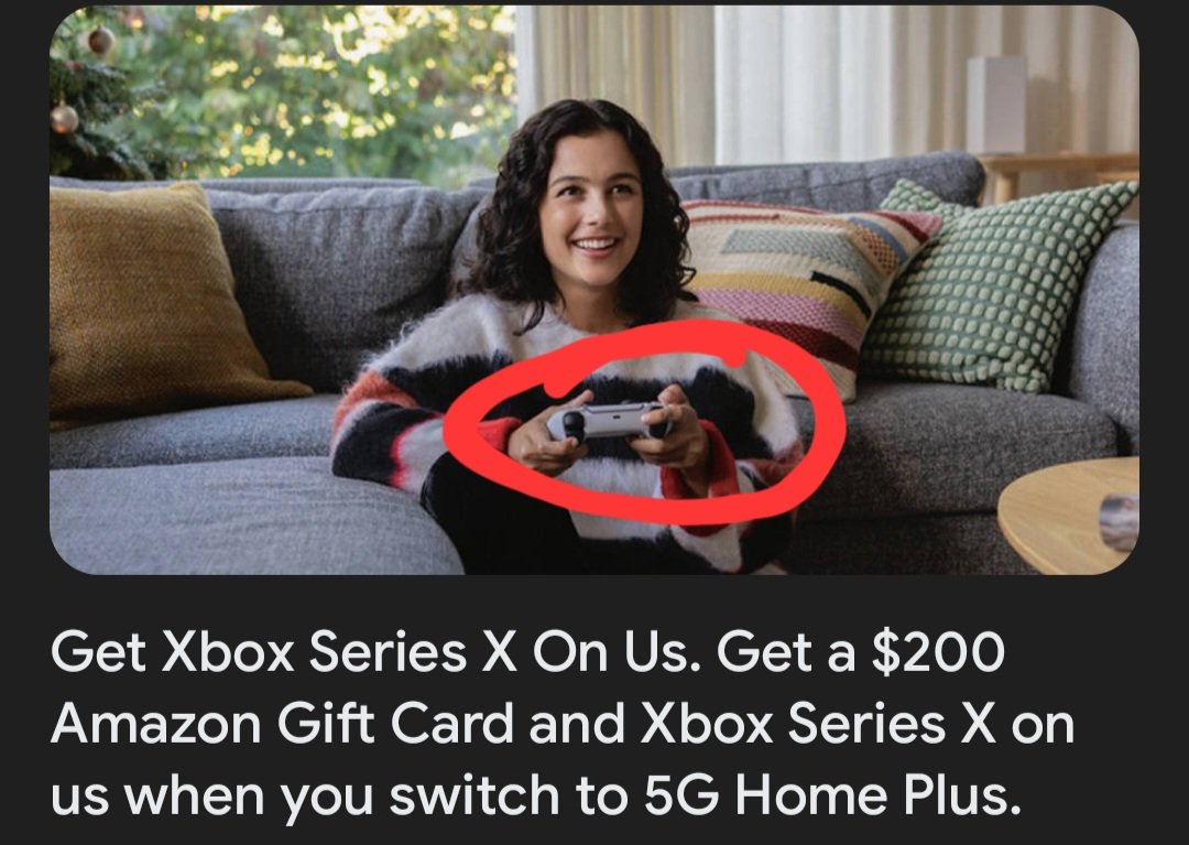 CineplexJesus's tweet photo. @Verizon should fire whoever is responsible for this. How are you giving away an XBOX and prominently featuring a PS5 controller in your ad? @Microsoft should be on your head like a showercap for this. #advertisingfail https://t.co/Wm0voI5dcd