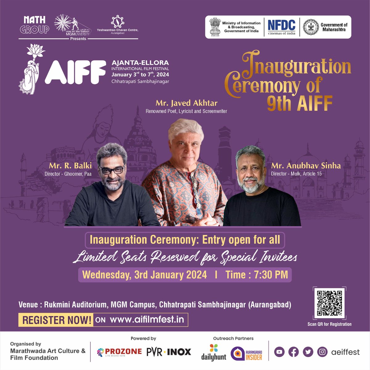 सर्वांना आग्रहाचे निमंत्रण : 
जगभरातील सर्वोत्कृष्ट चित्रपट मराठवाड्यातील रसिकांपर्यंत पोहोचवणाऱ्या नवव्या अजिंठा वेरूळ आंतरराष्ट्रीय चित्रपट महोत्सवाचे उद्घाटन उद्या, बुधवार, दिनांक ३ जानेवारी २०२४ रोजी सायंकाळी ०७:३० वाजता रूक्मीणी सभागृह, एमजीएम विद्यापीठ परिसर, छत्रपती