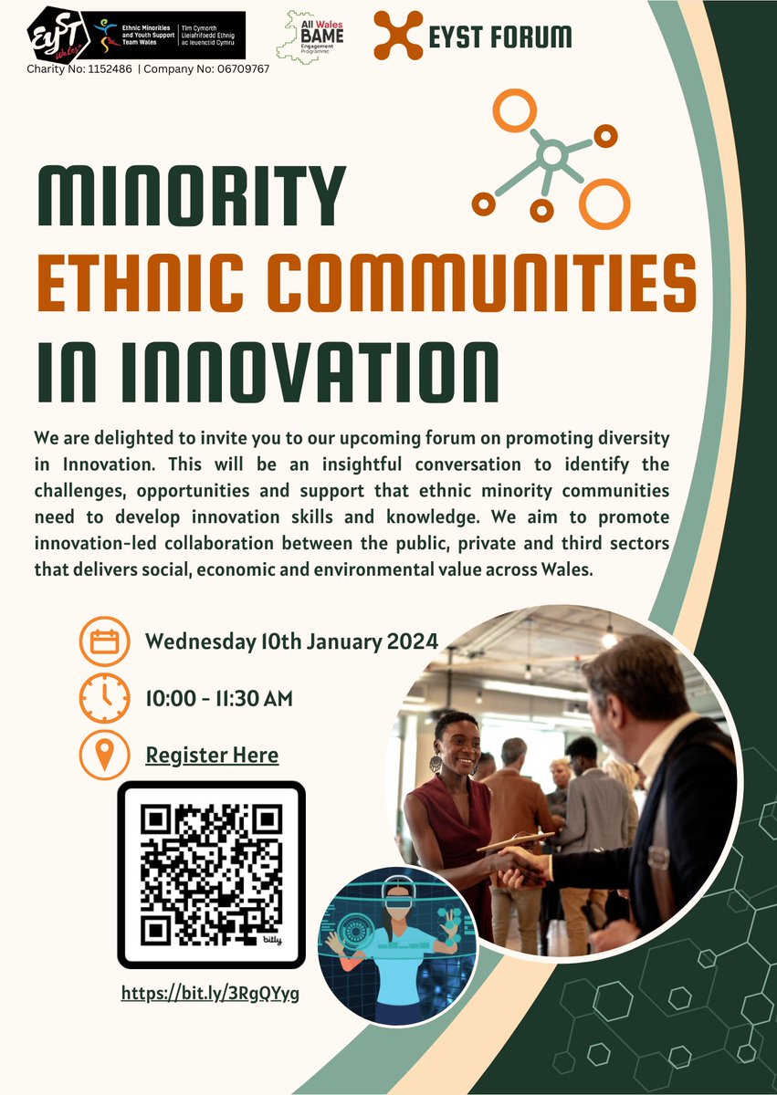 AllWalesEYST's tweet photo. Join us at our next forum where we'll discuss diversity and the inclusion of ethnic minority communities in innovation in Wales.

Wednesday 10th Jan, 10.00-11.30am
Sign up here: https://t.co/xjezJY56tl

#Innovation #Business #ScienceAndTechnology #Environment #Economy https://t.co/8CcPMAp07r