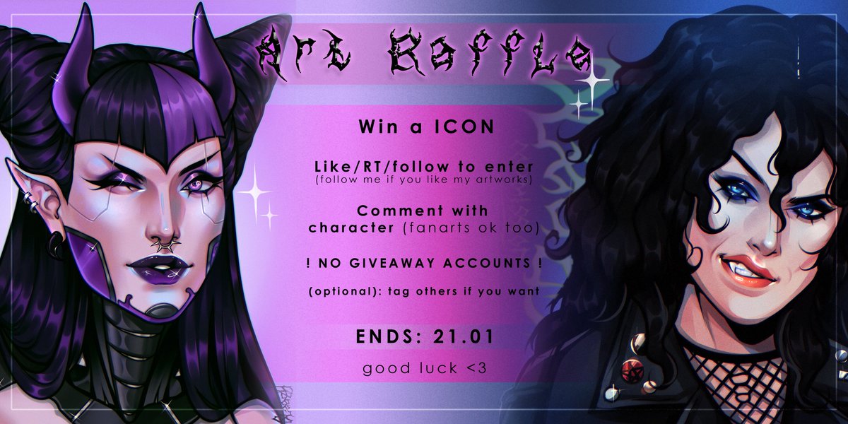 ⛓️ART GIVEAWAY TIME⛓️

⛓️ RULES:
— Like/RT this post (no QRT);
— Follow me (follow me if you like my artworks);
— Comment with character (fanarts ok too);

No giveaway accounts!

ENDS: 21.01

Good luck 🖤

#Artraffle #Raffle #artgiveaway