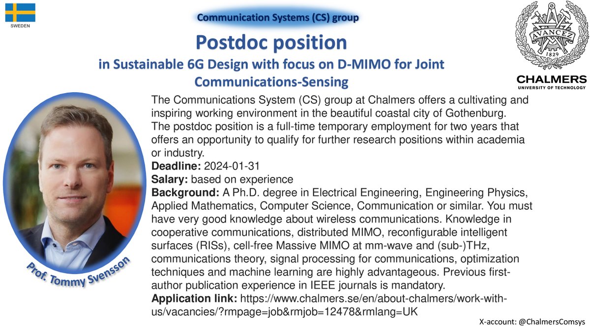 We are #hiring. We have a unique #postdoc #position in #Sustainable #6G Design with focus on #DMIMO for #Joint #Communications-#Sensing.
Background:A Ph.D. in #ElectricalEngineering, #EngineeringPhysics,#AppliedMathematics,#ComputerScience
More information:chalmers.se/en/about-chalm…