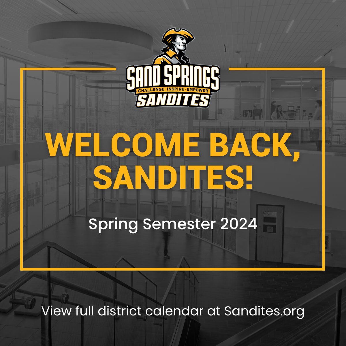 SandSpringsPS's tweet photo. Welcome back, Sandites! We are thrilled to start a new semester with you.
Be sure to check out the district calendar for this semester's important dates: https://t.co/J2CR35IXZS https://t.co/flIPp5gOzP