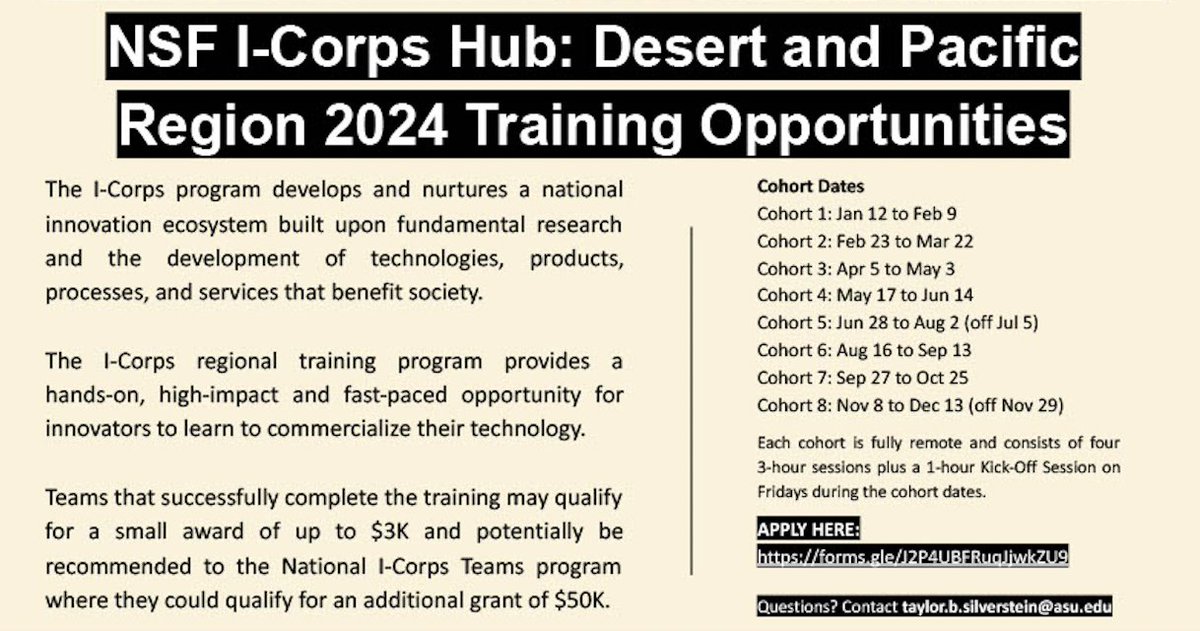 We are thrilled to unveil the cohort dates for the 2024 I-Corps program hosted by the NSF I-Corps Hub: Desert and Pacific Region! Prepare to embark on a transformative journey that could shape your future in ways you never imagined.

Apply now: ow.ly/x2Rx50QmVK9