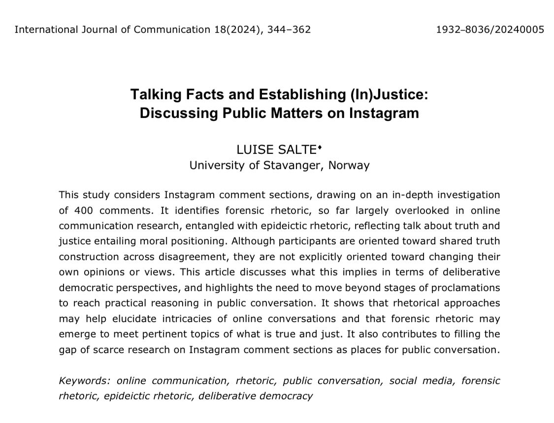 Very pleased to start the new year with an article out in <a href="/IJoC_USC/">International Journal of Communication</a> 🪩 It finds online conversations about truth and justice, and discusses them with regards to democratic perspectives + social media as conversational arenas 🏟️🕺🏼
