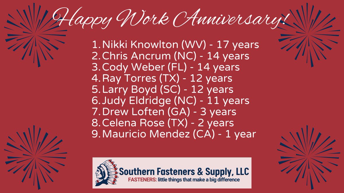 SFandS_LLC's tweet photo. Cheers to our Fastener Family Members who are celebrating a work anniversary this month.

#southernfastners #weloveouremployees #workanniversaries #nutsandbolts #fasteners #fastenerfamily https://t.co/due3S7PfQ4