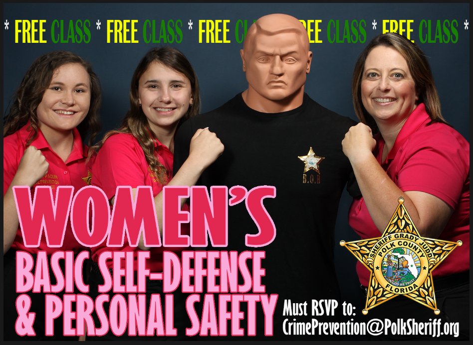 PolkCoSheriff's tweet photo. A lot of bad guys out there won't be making a New Year's resolution to stop being bad, so ladies, be prepared for their shenanigans.

Get yourself signed-up for the next Polk County Sheriff's Office Women’s Basic Self Defense and Personal Safety class, put on by our fantastic Crime Prevention Unit.

Our upcoming class is set for Saturday, January 6th at 10:00 a.m. – Noon, at the PCSO Sheriff's Operation Center, 1891 Jim Keene Blvd near Winter Haven.

These classes are FREE of charge and designed for ladies 13 years and older. Those under 18 will need a parent present to sign a waiver at the start of class.

Each class is approximately one hour long unless more than 30 women attend. For every additional 10-15 females, 15 minutes are added to the time frame.

The class consists of lecture (approximately 15 minutes) and hands-on techniques (approximately 45 minutes). Attendees will demonstrate all of the techniques on a body opponent bag (B.O.B.) which we will supply.

If you wish to attend, please RSVP to
crimeprevention@polksheriff.org, and please include your name and phone number.

For more information! You can also contact the team at 863-298-6677 or CrimePrevention@PolkSheriff.org with any questions.

#PCSO
#WomensSelfDefense
#GirlPower
#FreeFreeFree
#DidWeMentionThisIsFree
#TheOnlyThingYouWillNeedToSpendIsALittleBitOfTimeWithUs