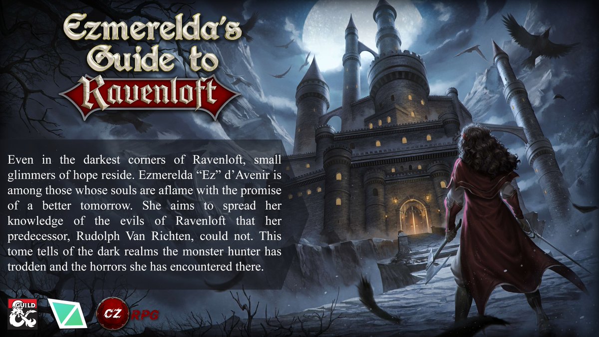 diceaveragejack's tweet image. Releasing January 12th: Ezmerelda’s Guide to Ravenloft, a 170-page collection of new character options and Domains of Dread for #dnd’s darkest realms!

Ezmerelda's includes:

🐺 Four new special lineages
🧙🏽‍♀️ Six new subclasses
🗺 Twelve new Domains of Dread

#dnd5e #ttrpgs