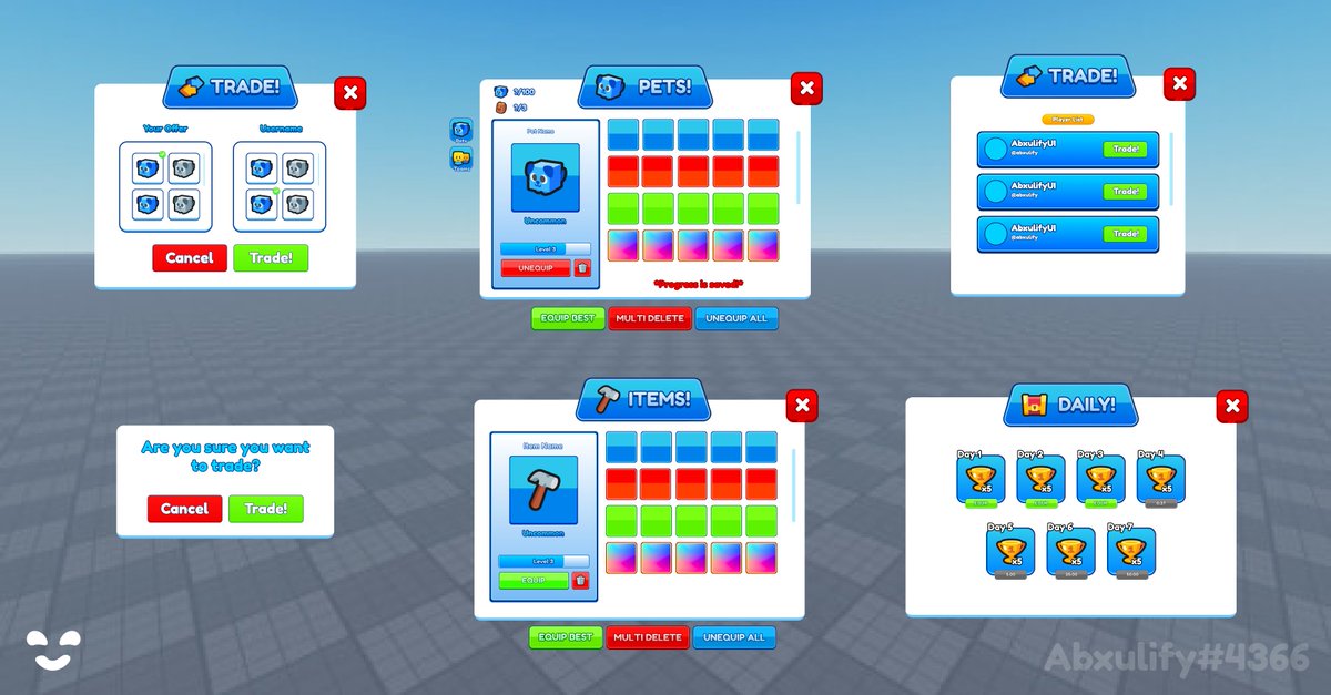 AbudyDesigns's tweet photo. 🚀 Excited to unveil my latest designs! 🔥 Let me know what you think! 😊

👤 Contact Info:
📩 DM: Abxulify#4366

#RobloxUI #RobloxDesign #RobloxArt #RobloxDev #UIInRoblox #RobloxGraphics #RobloxCreativity #GameUI #RobloxGameDesign #RobloxCommunity #GameDevUI https://t.co/9yRwn2VxZC