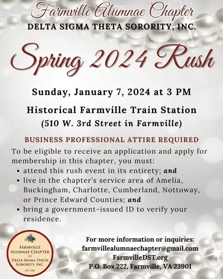 FACDST's tweet photo. Our Spring 2024 Rush will be held on Sunday, January 7 at 3 p.m. at the Historical Farmville Train Station. For more information, please contact us at farmvillealumnaechapter@gmail.com. https://t.co/xoLHFrxikg