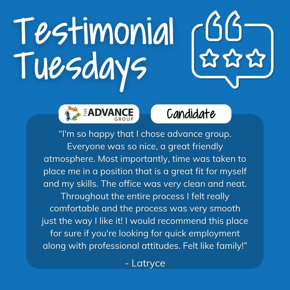 advancestaffing's tweet image. Thank you for the kind review, Latryce! We're so glad The Advance Group was able to serve your needs!

Contact our experts today should you be interested in working with us to find a new role: nsl.ink/ctBe.

#TheAdvanceGroup #BetterJobs #BetterPeople#TemporaryStaffing