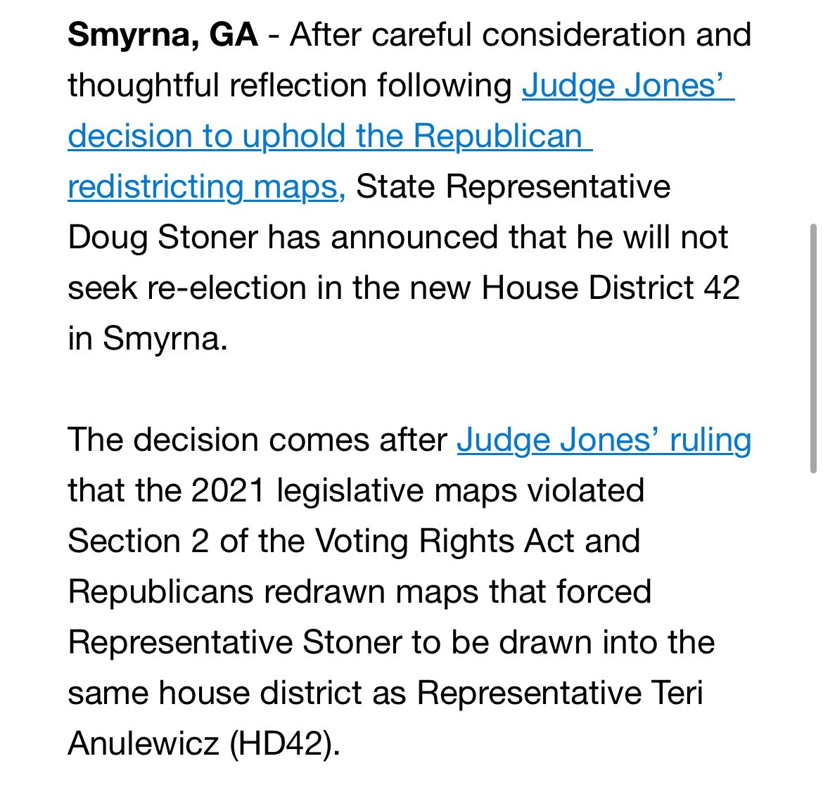 bluestein's tweet photo. Two of the Georgia House Democrats paired against fellow incumbents in new legislative maps say they won’t challenge their colleagues now that the new political boundaries have been upheld by a federal judge. #gapol https://t.co/U31fKUzInM