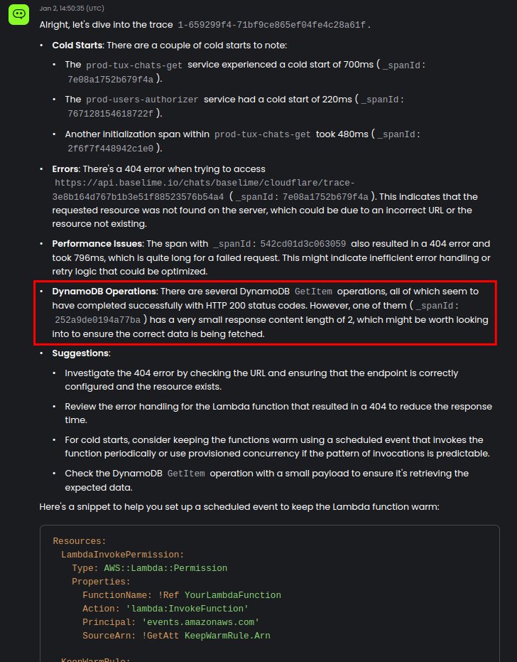 left: the trace
right: the ai analysis 

this is a request that was slow and returned a 404

the ai (tux) correctly identified the double cold start and the 404

more importantly, it also pointed out the tiny returned value from dynamodb (2 bytes) which is the root cause of the