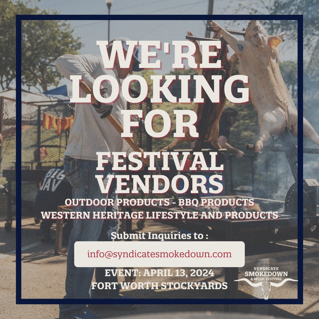 ⭐⭐⭐Interested in showcasing your products in the Fort Worth Stockyards? We are looking for retail vendors to display at the Syndicate Smokedown &amp; Music Festival on April 13, 2024 in the Fort Worth Stockyards. 

Inquiries can be sent to: info@syndicatesmokedown.com