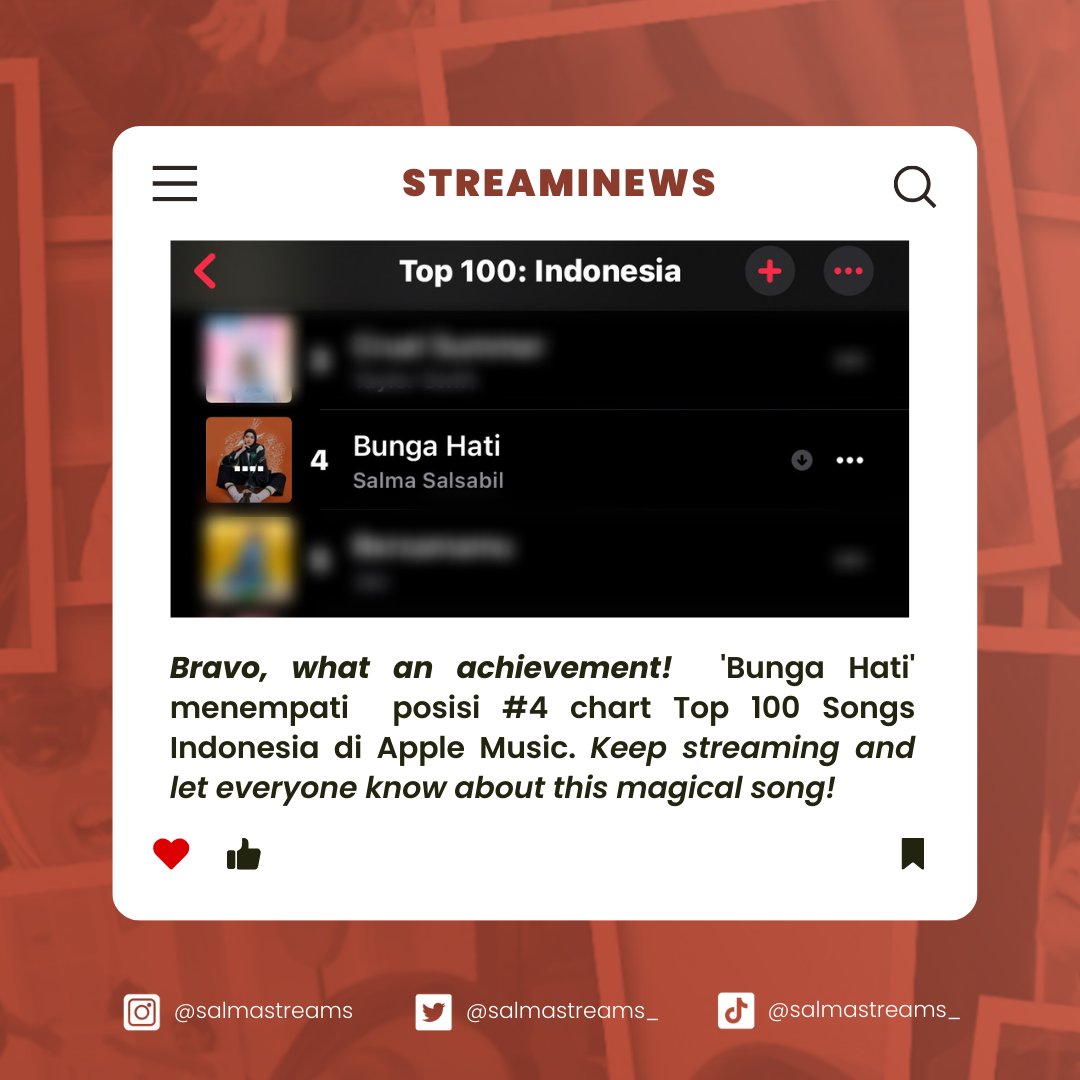 salmastreams_'s tweet photo. Kiw Kiw, Cukurukuk 🥹

Selamat seng, Adek Bugati berhasil masuk di No. 4 Top 100 Apple Music Indonesia, diantara senior-senior besar lainnya 🥹

Semangat terus adek! https://t.co/QwZlsUx0l3