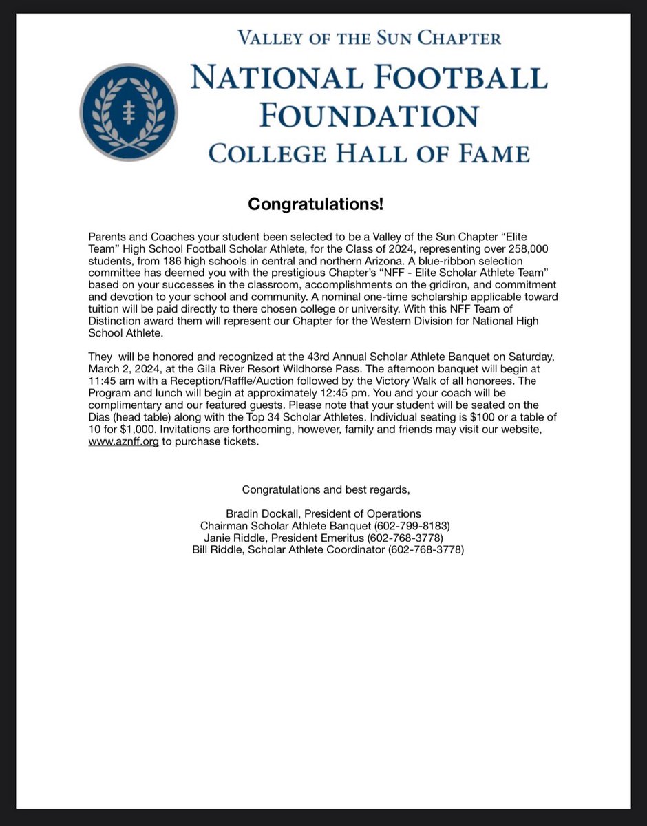 Congratulations Ty DeSpain! He has been selected to be a Valley of the Sun Chapter "Elite Team" High School Football Scholar Athlete, for the Class of 2024
