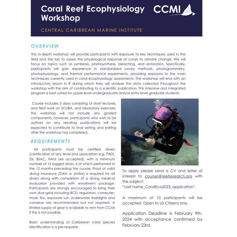 reefresearch's tweet photo. 🚨Do you want to develop coral ecophysiology skills?  Dr Gretchen Goodbody-Gringley &amp; Dr Tali Mass are hosting a FREE workshop for 10 participants, funded by NSF, April 4-8, 2024, at CCMI's Little Cayman Research Centre. 

Full details &amp; application info: https://t.co/bK9h16Vi8o https://t.co/ql4GxiHEOb