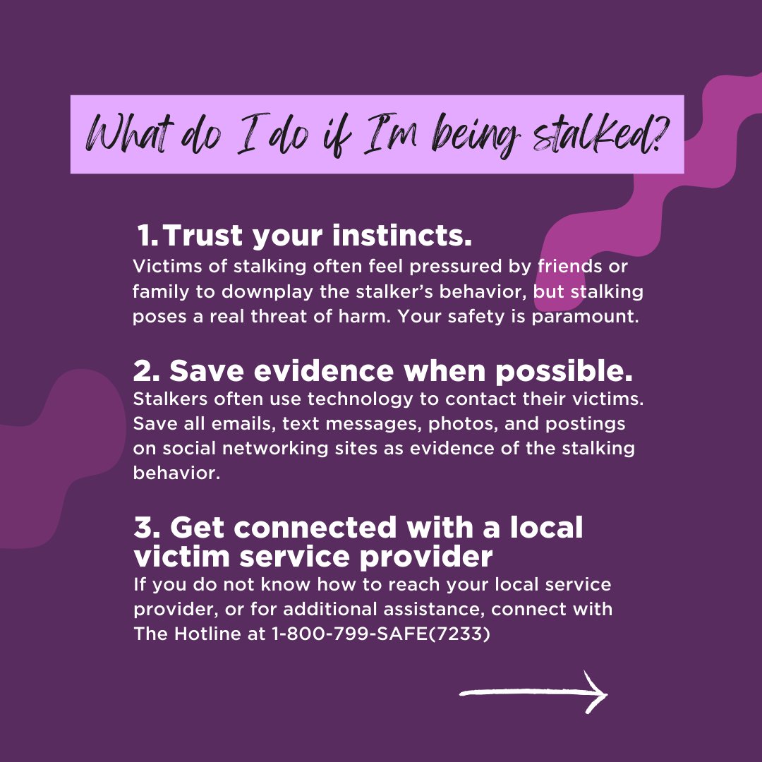 ndvh's tweet photo. January is Stalking Awareness Month. Stalking is never your fault; it is a tactic the abuser uses to intimidate and frighten you to regain power and control over you. 📝 To create a stalking safety plan, visit: https://t.co/DevOyVEdWW 

#StalkingAwarenessMonth #SafetyPlanning https://t.co/63GQSGnouC