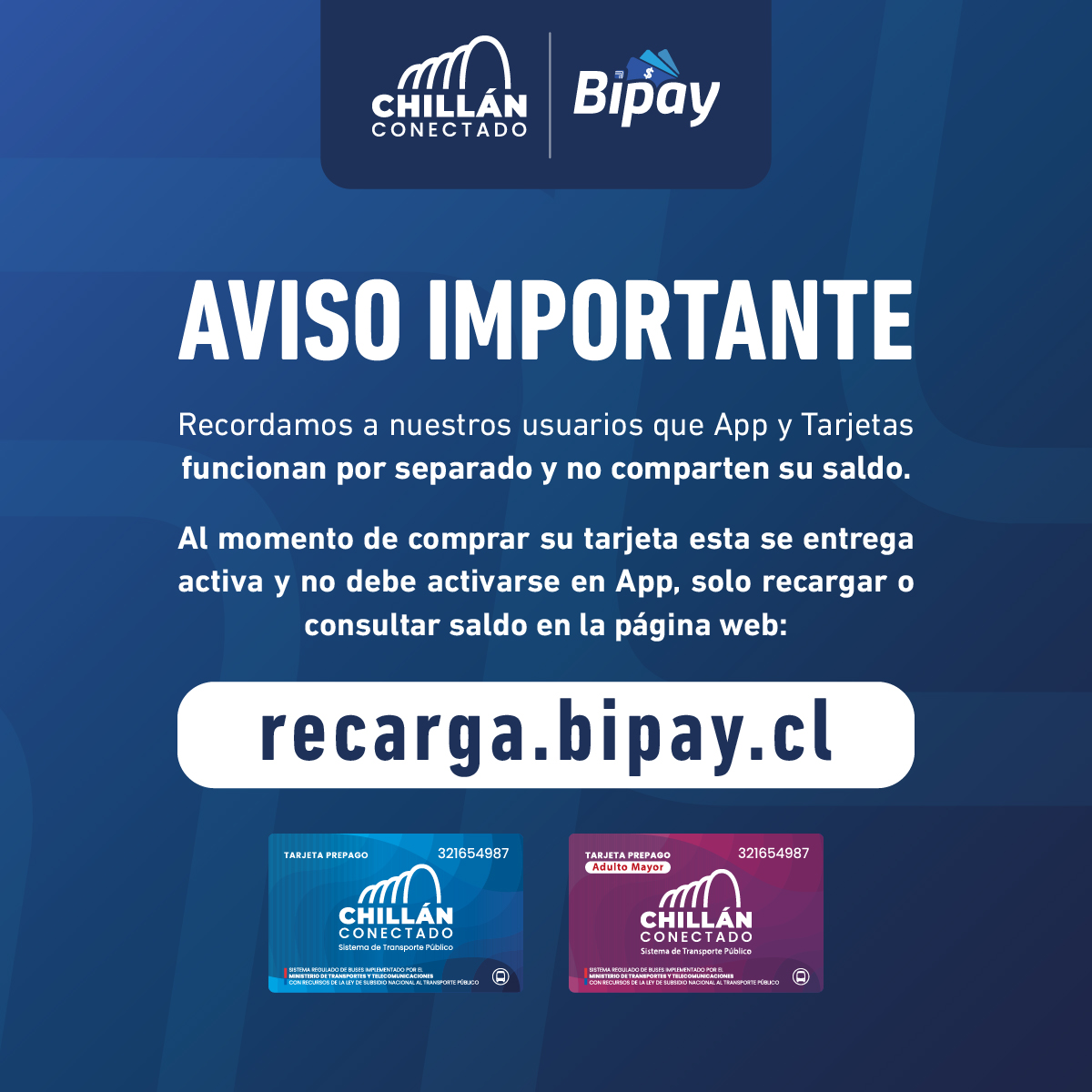 Bipaychile's tweet photo. 📣 Aviso Importante:
Recordamos a nuestros usuarios de #ChillánConectado que App y Tarjetas funcionan por separado, y por tanto su saldo y recargas no se vinculan entre sí. https://t.co/KmSNwgAodM