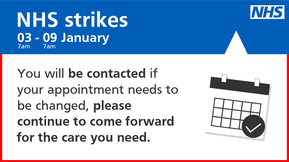 This week, some services will be affected due to strike action. You will be contacted if your appointment needs to be changed, please continue to come forward for the care you need.