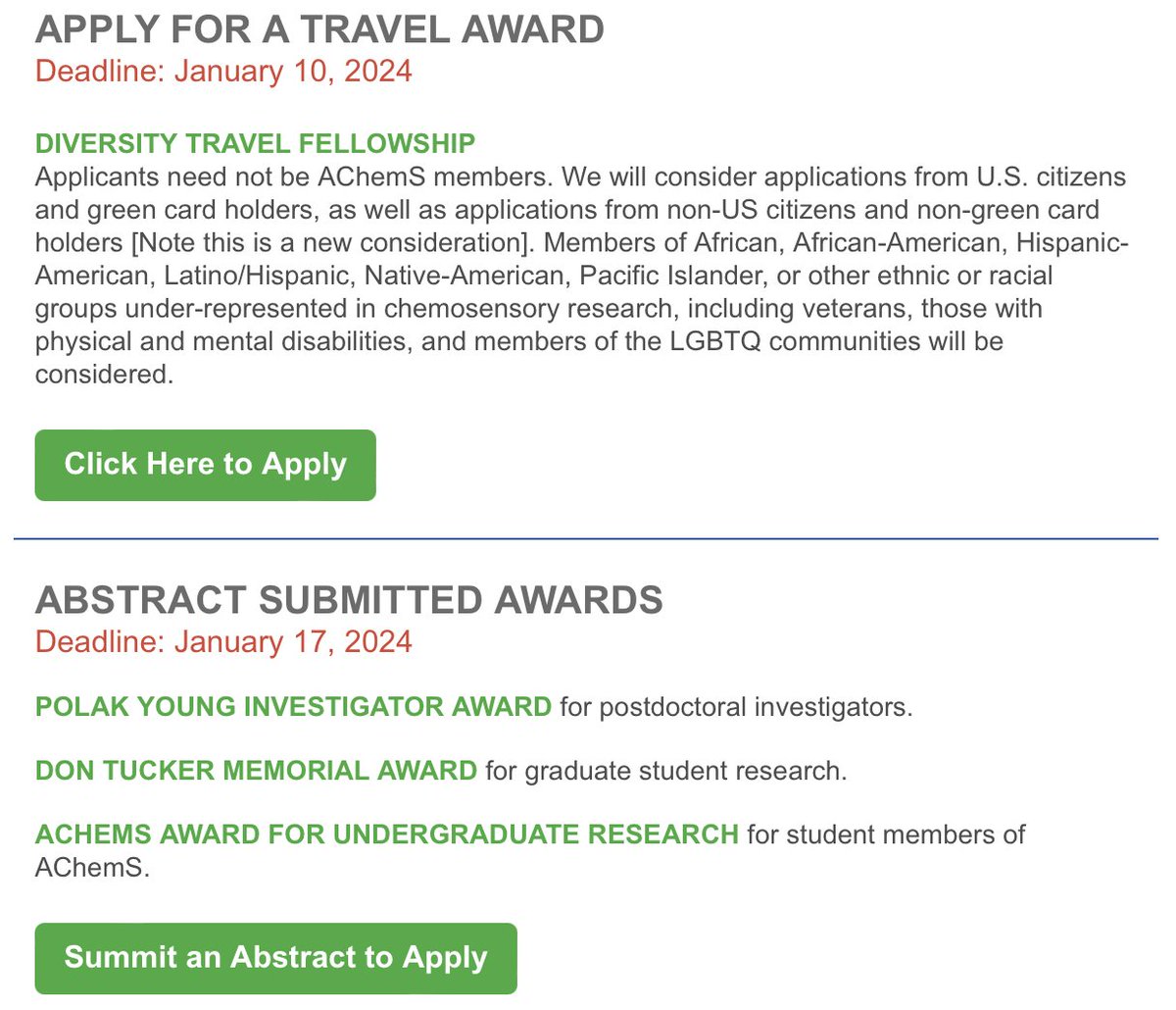 AchemsInfo's tweet photo. APPLY FOR AN #AChemS2024 ABSTRACT OR DIVERSITY TRAVEL AWARD. There are several awards available to our Postdoctoral Investigators, Graduate Students and Undergraduate Student members. Apply today! https://t.co/hprsuwQzrW https://t.co/N2T3RlhJb1