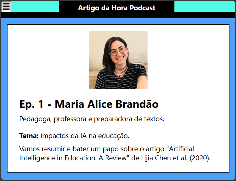 ullmanngabriel's tweet photo. Novo ano, novo projeto: um podcast! No primeiro episódio do podcast Artigo da Hora, converso com a pedagoga @malicebrandao sobre os impactos da IA na educação. https://t.co/qmIb6iv7bE https://t.co/DI3xjpRiL0