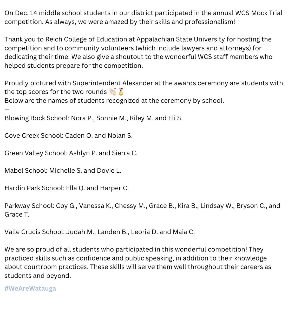 The 2023 WCS Mock Trial Competition was wonderful!
Great job, students! 👏🏻 
<a href="/BRSRockets/">Blowing Rock School</a> <a href="/covecreekschool/">Cove Creek School</a> <a href="/GreenValley_828/">Green Valley School</a> <a href="/HardinPark_WCS/">Hardin Park</a> <a href="/MabelSchool/">Mabel School</a> <a href="/PKYPatriots/">Parkway School</a> <a href="/ValleCrucisSch/">Valle Crucis School</a> 
#WeAreWatauga