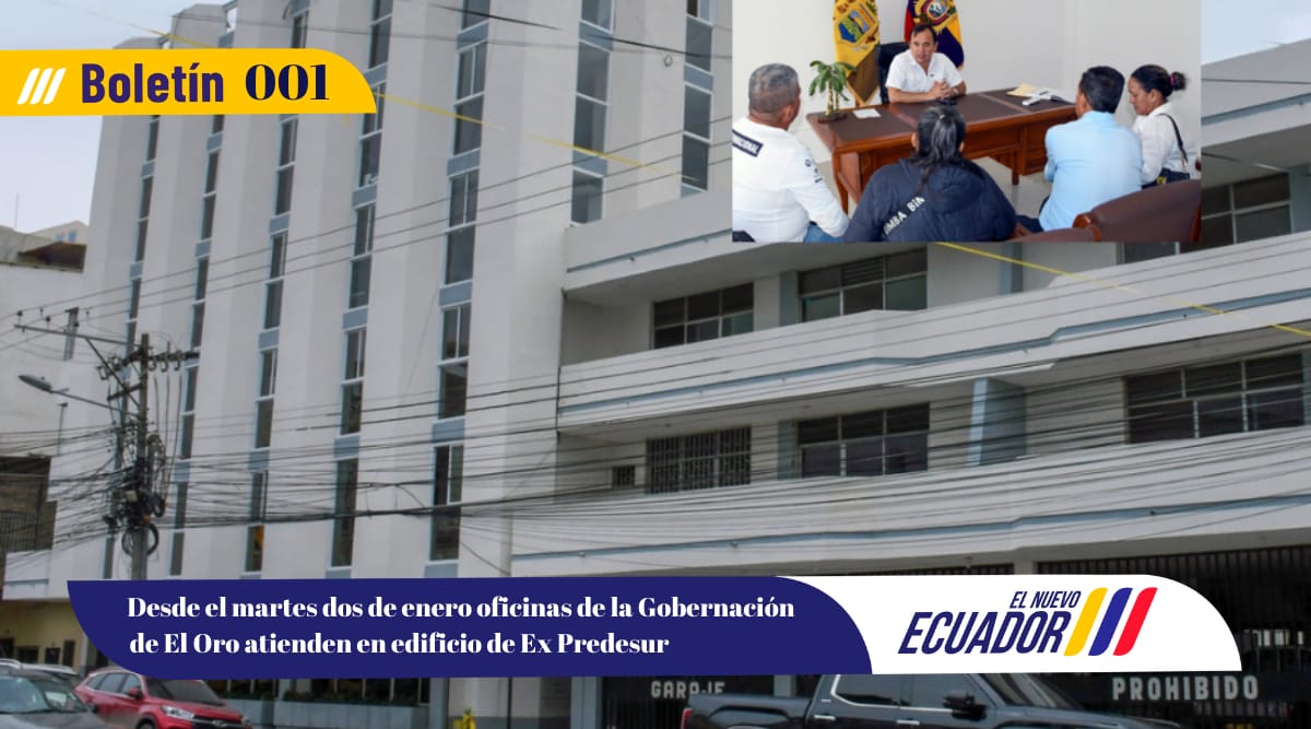 GoberElOro's tweet photo. #Boletín | Desde el martes dos de enero del 2024 oficinas de la Gobernación de El Oro atienden en edificio de Ex Predesur. Gobernador @jimmyblacio_ec atiende desde tempranas horas a ciudadanos. 

Lea la información en ⤵️
https://t.co/yHzR8fukjx

#ElNuevoEcuador

@DanielNoboaOk https://t.co/pGt5YP2Qro