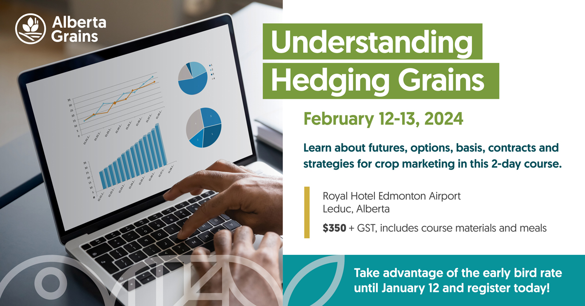 🌾 Join us for "Understanding Hedging Grains" on Feb 12-13 in Leduc! Unlock insights into futures, options, basis, contracts, and crop marketing strategies. Early bird pricing until January 12! Register today for a harvest of knowledge! #GrainHedging 

shorturl.at/fiuEV