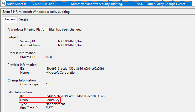 _st0pp3r_'s tweet photo. I recently looked into the creation of a rule for the #NoFilter #PrivilegeEscalation #hacktool by leveraging Event IDs 5447 &amp; 5449.
The detection is based on the static value "RonPolicy" of the PolicyName variable in the code of the tool. https://t.co/W1OK8cXXBM
#CyberSecurity https://t.co/8LLNMugXFu