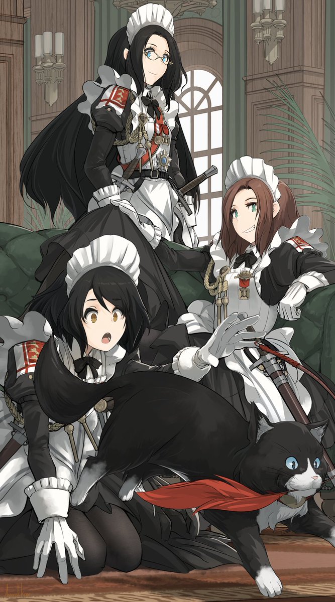 multiple girls 3girls maid headdress maid black hair medal long hair  illustration images