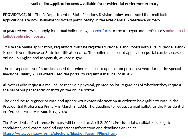 RISecState's tweet photo. The RI Department of State Elections Division today announced that mail ballot applications are now available for voters participating in the Presidential Preference Primary.  (1/3) https://t.co/5eACGAwAH1 https://t.co/a6xilWJUjd