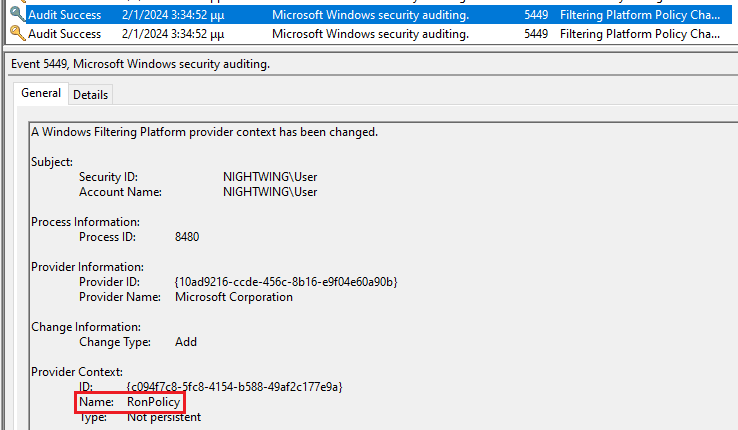 _st0pp3r_'s tweet photo. I recently looked into the creation of a rule for the #NoFilter #PrivilegeEscalation #hacktool by leveraging Event IDs 5447 &amp; 5449.
The detection is based on the static value "RonPolicy" of the PolicyName variable in the code of the tool. https://t.co/W1OK8cXXBM
#CyberSecurity https://t.co/8LLNMugXFu