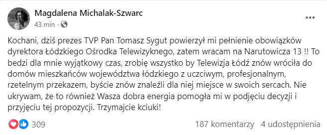 marekjuskiewicz's tweet photo. #TVP #Łódź Magdalena Michalak Szwarc pełni obowiązki dyrektora @tvp3_lodz. Poinformowała o tym na swoim Facebooku.   Magdo - gratulacje. Zawsze z wielką klasą. Fot. FB/MagdalenyMichalak. Kto jest z Łodzi, od razu pozna miejsce https://t.co/PaiSGZTsrj