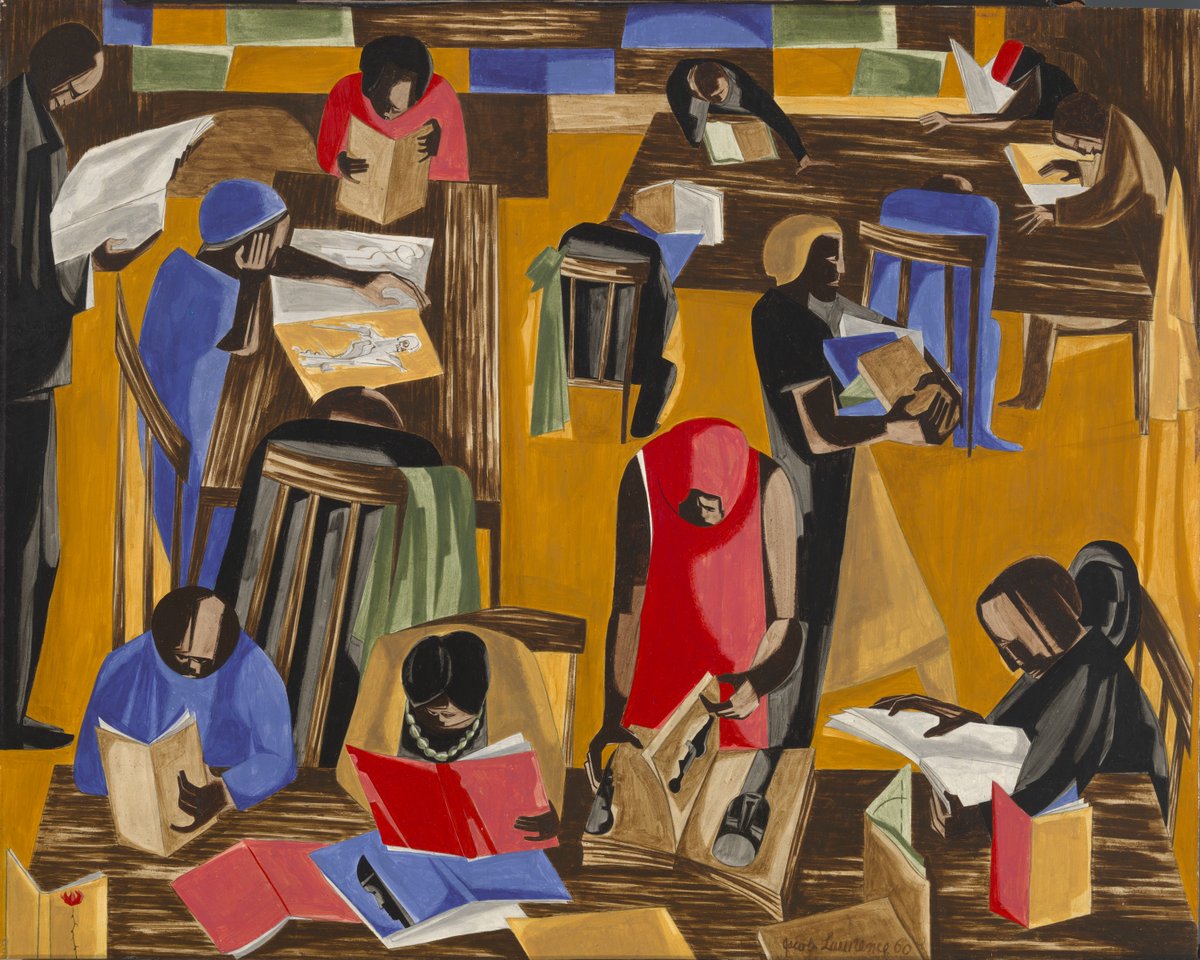 hvacguy47's tweet photo. "The Library" ~ Jacob Lawrence ca: 1960 (source: SAAM) #AfricanAmerican #painter #painting #art https://t.co/IU7YOn1NDD