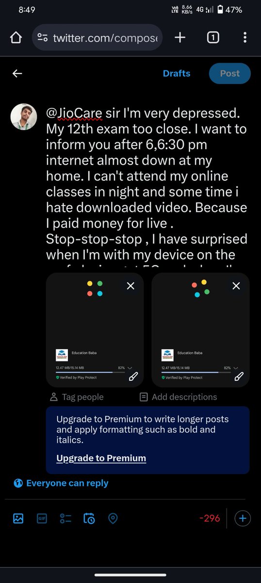 Mahirazz8025's tweet photo. @JioCare sir I'm very depressed. My 12th exam too close. I want to inform you after 6,6:30 pm internet almost down at my home. I can't attend my online classes in night and some time i hate downloaded video. Because I paid money for live . Baki ka photo me premium ka chakkar 🥺 https://t.co/yBYnTUqv5n