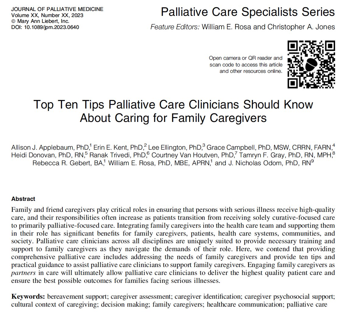🫂#PalliativeCare for caregivers is a crucial but overlooked part of our work➡️Check out the next <a href="/PalliativeMed_j/">Journal of Palliative Medicine</a> top ten tips article led by <a href="/DocApplebaum/">Allison J. Applebaum, PhD, FAPOS</a>🚨An incredible starting paper for 2024🔗:liebertpub.com/doi/10.1089/jp… FYI: <a href="/GraceCampbellRN/">Dr. Grace Campbell, PhD, MSW, RN, CRRN, FARN</a>, <a href="/NickOdomPhD_RN/">Nick Odom, PhD, RN, FAAN</a>, <a href="/AAHPM/">AAHPM</a>, <a href="/HPNAinfo/">Hospice and Palliative Nurses Association (HPNA)</a>