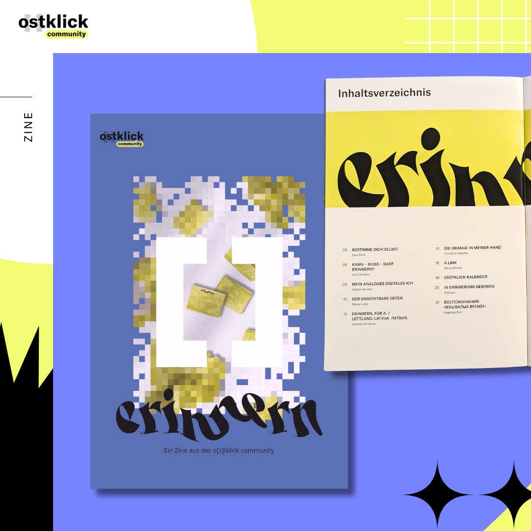ostklick's tweet photo. Frohes neues Jahr! 🎉
Wir starten 2024 mit einer aufregenden Vorstellung unseres Community #Zine zum Thema „Erinnern“.
Es enthält auf 40 Seiten eine diverse Sammlung von Gedichten, Illustrationen, Essays, Texten, Malereien und Fotografien, die aus unserer Community ...
1/4 https://t.co/n2AuWsEyMs
