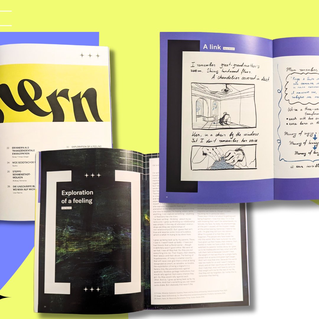 ostklick's tweet photo. Frohes neues Jahr! 🎉
Wir starten 2024 mit einer aufregenden Vorstellung unseres Community #Zine zum Thema „Erinnern“.
Es enthält auf 40 Seiten eine diverse Sammlung von Gedichten, Illustrationen, Essays, Texten, Malereien und Fotografien, die aus unserer Community ...
1/4 https://t.co/n2AuWsEyMs