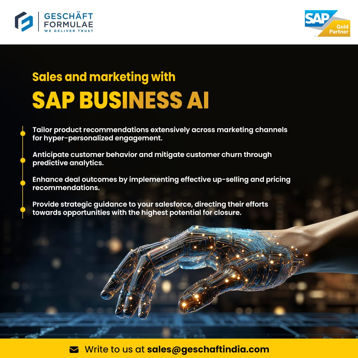 GeschaftIndia's tweet image. As we toast to the New Year, let SAP Business AI be your secret weapon for sales and marketing success! 🚀✨ 🥂
#GeschaftAIRevolution #NewYearSuccess #hyperpersonalized #salesforce #strategicplanning