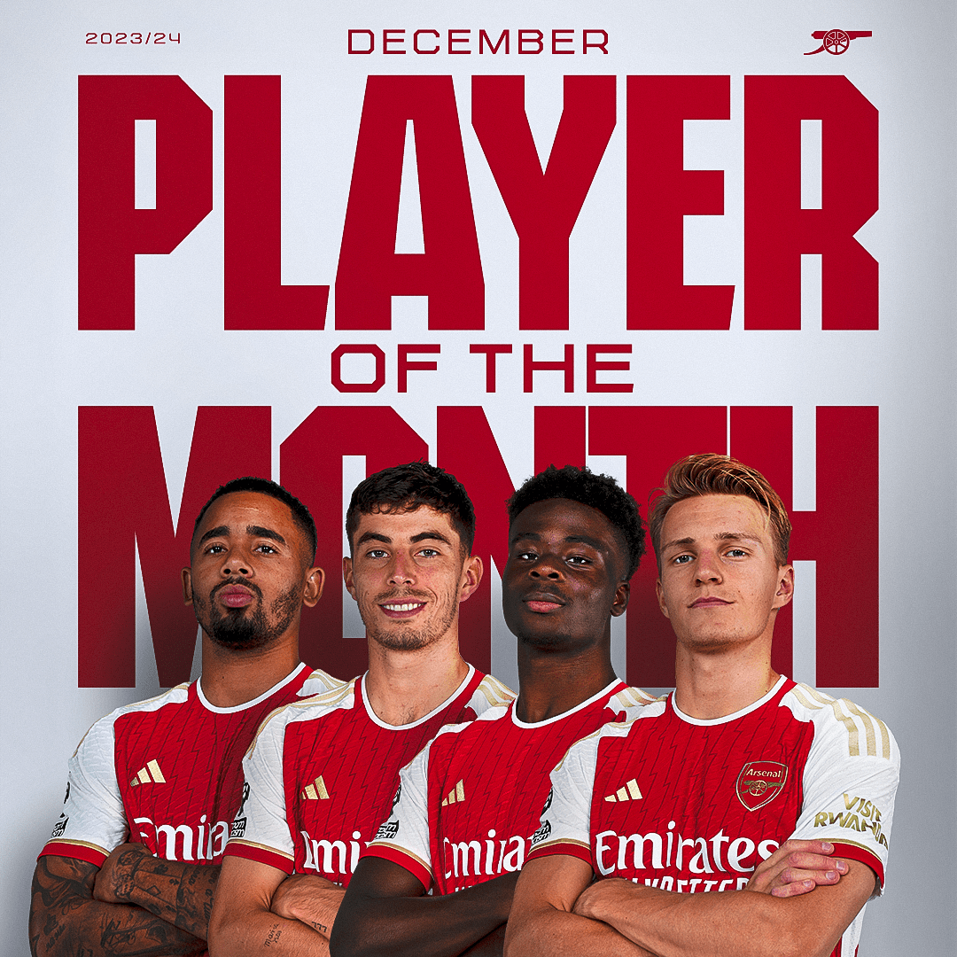 Arsenal's tweet photo. It’s December Player of the Month time 💪

🇧🇷 Gabriel Jesus
🇩🇪 Kai Havertz
🏴󠁧󠁢󠁥󠁮󠁧󠁿 Bukayo Saka
🇳🇴 Martin Odegaard

🗳️ Have your say and decide our winner 👇