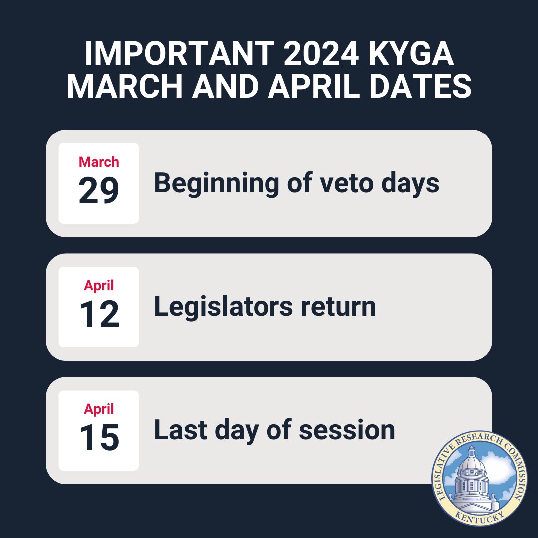 Be sure to put these important #kyga24 dates on your calendar! For more information on the session calendar, which is subject to change, visit legislature.ky.gov/Documents/24RS….