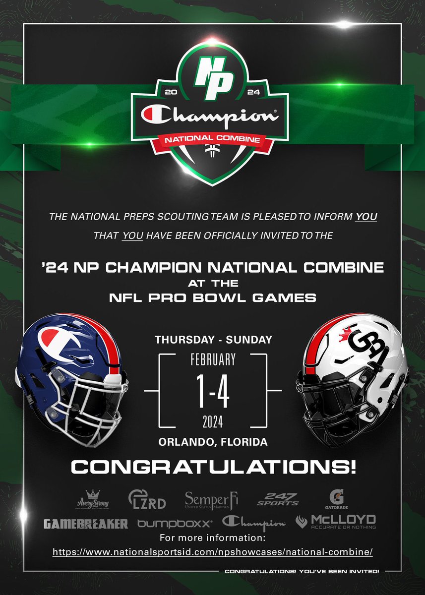 Excited to announce that I have received an invite to the NP Champion National Combine! See you in Orlando. @GHoward_Scout @CoachSteamroll @CoachHutti @Coach_Hill2 @dlemons59 @ProsperRecruits @NPShowcases