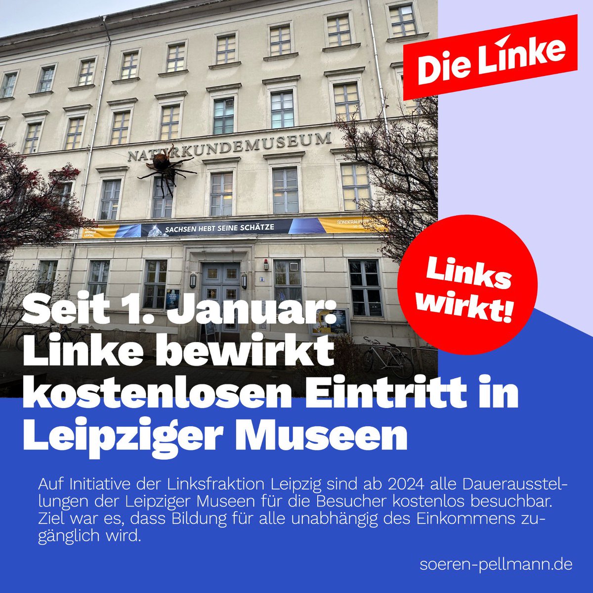 #links wirkt! Dank der <a href="/LinksfraktionLe/">DIE LINKE. Fraktion im Leipziger Stadtrat</a> und der Linken Kulturbügermeisterin <a href="/SkadiJennicke/">Skadi Jennicke</a> ist der Eintritt in die Dauerausstellung der Museen in #Leipzig seit 1. Januar kostenlos. #Kultur ist ein wichtiger Bestandteil unserer Gesellschaft und unserer #Bildung. Ein #Museum sollte