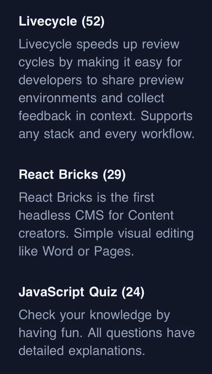 sensorpro's tweet photo. First of 2024, this week’s winners on https://t.co/LszStm5s3f 🎖️

@get_livecycle 

@ReactBricks 

@denicmarko https://t.co/0Hw1eelL8f