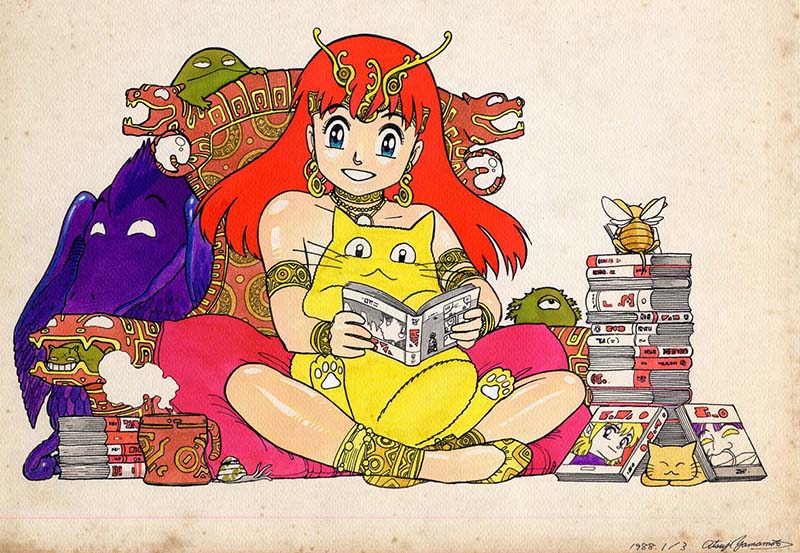 「再掲『まんがの森看板用イラスト』1988年1月3日作画(もう私の手元にはありませ」|山本貴嗣のイラスト